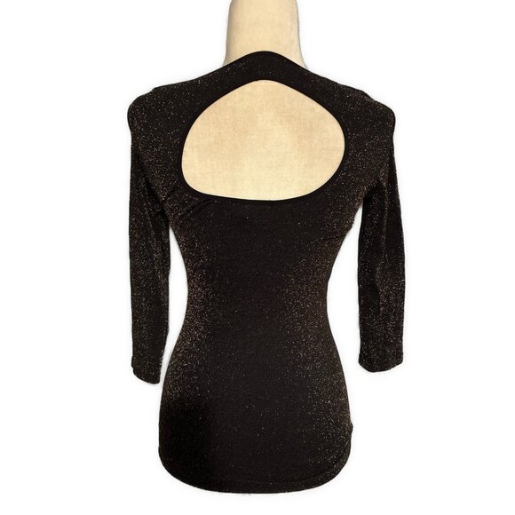 Bebe Black Gold Metallic Nylon Round Neck Long Sleeve Top Xs Small - Picture 2 of 4